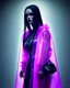 Placeholder: Picture by koson ohara and marta bevacqua, portrait of a beautiful goth woman with long black hair, wearing a plastic raincoat, purple neon lighting, 8k, high quality, highly detailed