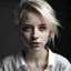Placeholder: woman, twenty years old, white blond shortish hair, loose strands framing face, wavy, strong facial features, soft nose, dark grey eyes, light pale skin, rose lips whithe shirt, portrait, close up, beatiful young woman, many shadows, hair tied up, loose strands framing face, little make up, ferfect skin, defying expression, chin pointed up, wild hair