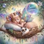 Placeholder: Whimsical airbrushed watercolor painting of a fairy’s nest on an olive tree branch. In the nest, an adorable 3-year-old fairy toddler with blond hair in pigtails held by glossy pastel-toned ribbons and iridescent wings is sleeping closely with her soft Siamese kitten. A transparent dream bubble with "sweet dreams" floats above her. The background features a magical forest, full of sweetness.