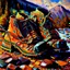 Placeholder: brown moutain shoes , art, oil colors, bright,