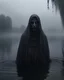 Placeholder: The frightening La Yorona with black eyes on her shoulder stands in a dark lake. Mist. Rain.