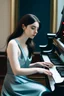 Placeholder: Portrait of dark haired young woman wearing a pale blue silk dress playing a glossy black piano