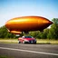 Placeholder: award winning photograph of a steampunk house-fly ufo genetic-spliced dirigible designed by only one vehicle per image painted metallic orange traveling at a high rate of speed, jet intake off of front center of vehicle and jet exhaust out the rear bilaterally symetrical, more a high speed road vehicle