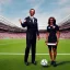 Placeholder: Michelle Obama in a referee jersey officiating for a soccer match at Wembley Stadium