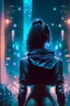 Placeholder: Noir, woman from the back silhouetted by neon lights facing empty night futuristic city in photorealistic style, cyberpunk, ice blue neon signs, street level view, raytracing, depth of field, cinematic, highly detailed, rim lighting