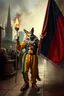Placeholder: aardwolf clown man holding burning flag, painting by Rembrandt, with motion blur city background, and volume light fog with sunlight rays