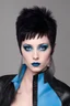 Placeholder: ProtoVision - Absolute reality -- facial portrait -- an absolutely stacked, thin, petite, little female, who resembles an emo Elvis Presley, with great big giant bazoombas, short, military-cut, buzz-cut, pixie-cut black hair tapered on the sides, bright blue eyes, wearing short sleeved, nylon, Turtleneck half shirt, blue jean mini shorts, heavy, black fishnet stockings, punk rock styled, platform boots, red lipstick, dark, emo, eye makeup, a black and gray gradated wall in the background