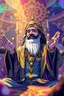 Placeholder: airbrush with pen outline, cartoon, anime, saddam husssain as cult leader hippie in his palace raised hands having fun in a festival in the 60s, goa psy ambient in the style of vangelis and fsol, source vibrations, bokeh like f/0.8, tilt-shift lens 8k, high detail, smooth render, down-light, unreal engine, prize winning