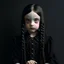 Placeholder: wednesday addams as a child, braids, a frange, black fur, polaroid, 1970s, empty black room, no emotion on her cold face