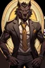 Placeholder: Buff, anthro, wolf, himbo, black fur, gold eyes, wearing a suit, full-body, muscles, strong, muscular, man boobs, bulky, tail, dark fur, smug grin, hands on hips, furry-himbo, broad shoulders, wide hips, big chest, big muscles,