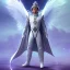 Placeholder: First image is of the main character's full body. He’s to look like a powerful angel with white robe, symbols on hands glowing, His background should be that of space above with stars and standing on a paradise of a planet. His belt can transform into a white dragon.