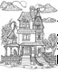 Placeholder: outline art for halloween coloring pages for kids with haunted house , white background, Sketch style, full body, only use outline, clean line art, white background, no shadows and clear and well outlined, coloring page for kids,