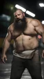 Placeholder: strong burly chubby turkish mechanic 44 years old, curly hair, wet, short white beard, manly chest, hairy, shirtless in bulging dirty white boxer and tank top, big shoulders, tattoo, big calves, barefeet, angry, photorealistic, side light, inside a dark parking lot at night, side neon light, photoRealistic, view from the ground