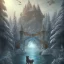 Placeholder: fantasy art, book illustration, upper body of big mad wizard on bridge ,icy water, on the bridge is a wolf, there is also a hawk and everything is seen from the tree tops