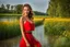 Placeholder: shot from front ,green field and wild flower field ,(A German beauty , with a melon seed face and wearing a red camisole skirt. She has a slender figure, beautiful makeup,very nice eyes looking around and elegant temperament walking and whisppering a song with emotions in water toward camera in trees next to wavy river with clear water and nice sands in floor.camera capture from her full body front, spring blosom walking to camera ,wild flowers moving in the wind ,blue sky,moving pretty clouds ,