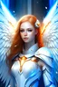 Placeholder: Belle jeune femme archange galactique, commandant chef flotte de vaisseaux blanc très lumineux. Archange porte combinaison blanche lumière, très féminine, divine, grandes ailes, DORÉ et BLANC NRILLANT; JEWELS, COSMOS