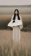 Placeholder: a woman standing in a field holding a large leaf, inspired by Ren Hang, design milk, long black hair, whites, wanderers traveling from afar, trending on artisation, cloning spell, coat pleats, in twin peaks, submarine, by Helen Thomas Dranga, symetry, round-cropped, noire photo