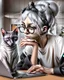 Placeholder: Whimscal a middel-aged women with silver hair in a little messy bun and black and white bandana with knot and glasses, wearing white tshirt and an unbuttoned black sweater, she sits on a chair behind a table where she has her laptop, She leans her chin in her hand and looks into her laptop, her Oriental shorthair Siamese cat put her paws on the tabletop, bg a kitchen, wet oil sketch on canvas.