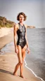 Placeholder: beautiful anorexic woman, standing frontal, full body shot, short shiny triathlon swimsuit, wavy bob haircut, photographed on the beach, raw