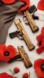 Placeholder: Two gold pistols and a red notebook on a white scarf. A bed of red poppies. Close-up from above.cinematic