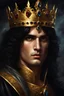 Placeholder: Gold framed painted portrait of a dark haired king with dark eyes, fantasy