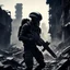 Placeholder: a hidden xenomorph [vintage style noisy scratches glitches, Shot the texture and then rewound the film and double exposed] In the midst of the destroyed city, the two US Marine soldiers move with precision in tight formation across the ruins, while the alien xenomorphs lurk in the darkness. Their eyes scanning the shadows as they sought to avoid being surprised by the deadly foes that could strike at any moment.
