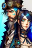 Placeholder: anime couple, steampunk , colorful, man with salt and pepper beard and woman with dark hair and blue eyes
