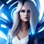 Placeholder: A beautiful portrait of a cute cyberpunk woman, long blond haire, high key lighting, volumetric light high details with white stripes and feathers and blue celtic paterns and blue glasses