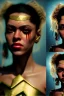 Placeholder: portrait, Shakira, make-up, angry, Realistic image, superhero, retro, dc style, gold make-up, blood, sweat, fog, goddess. Black background, photo studio, concept art, smooth, unreal engine 5, god lights, ray tracing, RTX, lumen lighting, ultra detail, volumetric lighting, 3d, finely drawn, high definition, 4k.