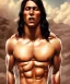 Placeholder: native american warrior, long black hair, big muscles, face up, mouth wide open, scream face, shirtless, looking to the sky