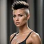 Placeholder: young woman sasha, mohawk haircut, muscular sweat, movie still, attractive perfect face, supermodel body,
