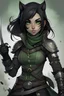 Placeholder: Cute female black and gray Tabaxi rogue assassin with long black hair and green eyes wearing leather holding daggers