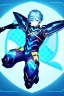 Placeholder: neon blue, flying parts of armor in form of triangles, cyber armor, geometric patterns on armor, male, orbiting triangle