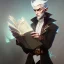 Placeholder: elf with gray hair in beige coat and white shirt reading a tome, studio lighting, nature background, intricately detailed, smooth glowing feathers, trending on artstation