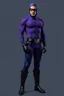Placeholder: full-length, A portrait of a the Phantom, a man with piercing blue eyes, a chiseled jaw, goatee, timeless face, stern expression, Wearing a skintight formfitting purple cotton hero suit with a skintight cowl that fits tight to his head, but does not cover his face, he wears a thin, black leather, bandit eye disguise over his eyes, black and blue diagonally striped trunks, dual-holstered pistol belt adorned with a triangle skull-shaped buckle with leg straps, Knee-high black leather boot