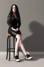 Placeholder: Billie Eilish, sitting on a chair, Black Short Dress, high detail, realistic