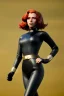 Placeholder: retro portrait image from 1960, sky background, wind, long red hair, fighting stance, sweet young Scarlett Johansson, black dress, classic long tight lycra black suit, gold bracelet and belt, high heel boots, superhero style, soft color, highly detailed, unreal engine 5, ray tracing, RTX, lumen lighting, ultra detail, volumetric lighting, 3d, finely drawn, high definition, high resolution.