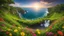 Placeholder: super wide angle lens perspective showing curvature of earth at the horizon, brilliant lush vibrant landscape giving way to the ocean, trees flowers waterfall verdant, eco-friendly, award winning photography