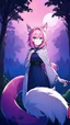 Placeholder: Forest , night, girl, blue eyes, pink hair, big wolf tail, wolf ears, wolf paws