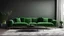 Placeholder: Black interior with green velour sofa, table, fur carpet and decor. 3d render illustration mock up.