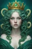 Placeholder: Ultra realistic portrait of a pale girl, beautiful chubby face, green eyes, hair made from tentacles of jelly skin with dark aqua color like medusa, greek crown ornament of gold, midle shoot