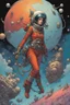 Placeholder: a starship pirate punk female captain in a deep-space diving suit, colorful , floating into the insane and confusing universe of the Angelarium colorful by Hergé, François Schuiten, Ivan Bilibin, Katsuya Terada, Mike Mignola, Paul Pope