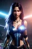 Placeholder: Middle age female anime warrior, face wrinkles, orange eyes, gray hair with dark blue hair, ponytail hairstyle, waist up portrait,4k resolution, intricate details, ornate details, soft lighting, vibrant colors, retroanime, masterpiece, intricate eyeliner, dark eyeshadow, futuristic cityscape background