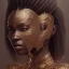 Placeholder: Portrait, sango fantasy, fantasy magic, intricate, sharp focus, illustration, lot's of grain on the skin, tribal tatoos, highly detailed, digital painting, concept art, matte, masterpiece head sexy lady body black African beauty space lady black skin one head African afro sun, high key lighting, volumetric light, high details psychedelic background, cyborg, multicolor scheme