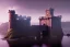 Placeholder: old castle, foggy, moat of lava, drawbridge. surrounded by cliffs, purple