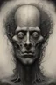 Placeholder: The face of a man with hairy curly head a thin line draw ، front view camera, decayed and rotting with grotesque proportions and imagery. surreal horror, biomechanical design, by hr giger and beksinski , fine lines draw