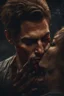 Placeholder: Close up of attractive man who just kissed a girl and now her poison is spreading through his veins, it looks like his face is showing cracks, he is about to die. 8 k, hyper realistic, deep colours