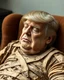 Placeholder: a chubby really old decomposing male mummy, looks similar to donald trump, eyes closed, leaned over in a brown chair