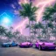 Placeholder: 1980's aesthetic vaporwave palm trees and spheres and Porsche with lightning