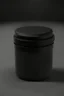 Placeholder: black container, plastic, realism, with screw lid, no labels, round container, view from the front, dark studio setting